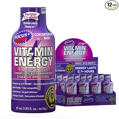 Vitamin Energy Focus+ Extra Strength Energy Shot Berry 12 Pack, 260mg Natural Caffeine, B-Vitamins, CoQ10, Amino Acids, Focus, Productivity & Clarity, Zero Sugar, Gluten-Free, 1.93 fl oz