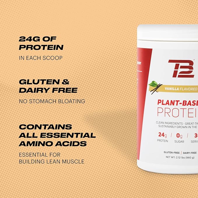 TB12 Plant Based Protein Powder by Tom Brady, 24g of Vegan Pea Protein, Low Sugar, Low Carb, Non-GMO, Keto Friendly, Paleo, Sugar Free, Vanilla Flavor (30 Servings/2.12lbs)