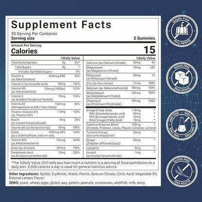 Mens Multivitamins Gummies, Methylated Multivitamin with Vitamins A C D K E, B Complex, Omega-3, Digestive Enzymes, Lycopene, Calcium, Magnesium - Support Brain, Muscle, Energy, Sugar Free, 120Cts