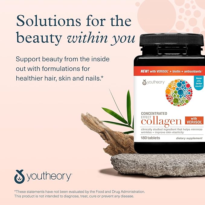 Youtheory Concentrated Effect Collagen with Verisol - Collagen Peptides with Vitamins C & B - Supports Hair, Nails, Bones & Joints* - 180 Tablets (60-Day Supply)