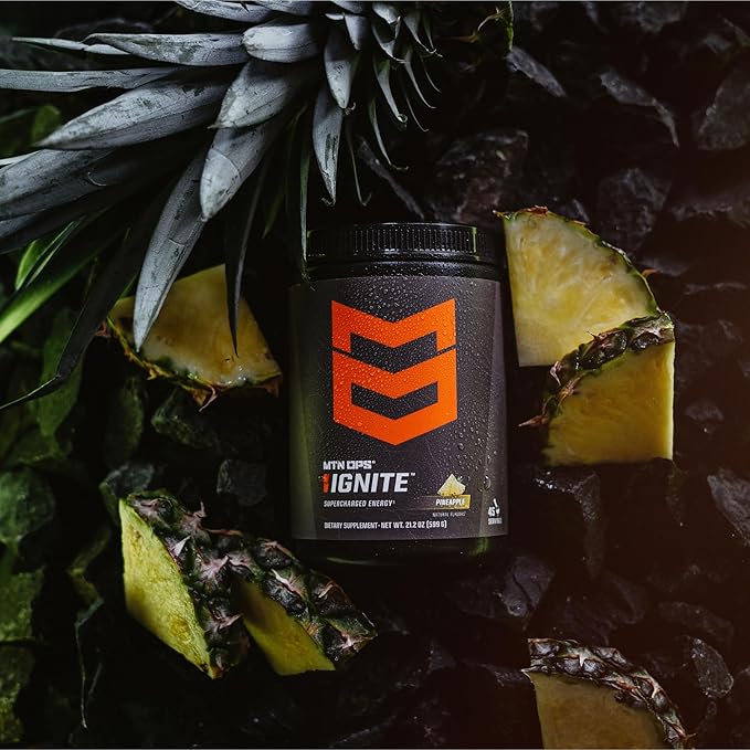MTN OPS Ignite Sugar Free Energy Drink Powder with 200mg Caffeine, Nootropic Blend for Energy, Focus & Endurance, L Arginine & L Citrulline Pre Workout, 45 Servings, Pineapple