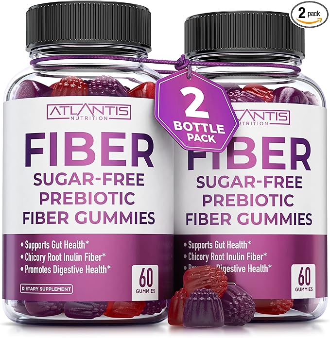 Atlantis Nutrition Sugar Free Fiber Gummies for Adults - 5G Fiber Supplement Formulated with 5.4G Prebiotic Digestive Blend/Serving - Supports Gut Health & Healthy Digestion - 2-Pack 120 Gummies