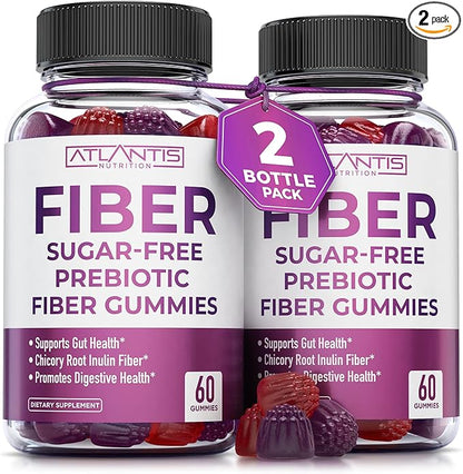 Atlantis Nutrition Sugar Free Fiber Gummies for Adults - 5G Fiber Supplement Formulated with 5.4G Prebiotic Digestive Blend/Serving - Supports Gut Health & Healthy Digestion - 2-Pack 120 Gummies