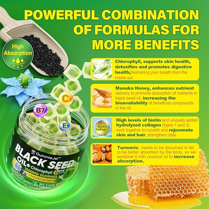 Black Seed Oil Gummies & Chlorophyll, Biotin 500mcg with Hydrolyzed Collagen, Raw Manuka Honey, Organic Cold Pressed - Ultimate Absorption for Skin, Hair & Nails, Digestive, Overall Health,2 Pack