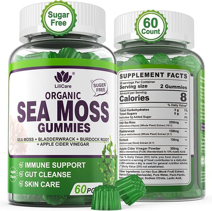 Sea Moss Gummies - Irish Sea Moss Gummies for Adults & Kids - Advanced Superfood Seamoss Supplement with Organic Bladderwrack & Burdock Root Extract，ACV for Daily Immune, Gut Cleanse, Vegan, 60 Counts