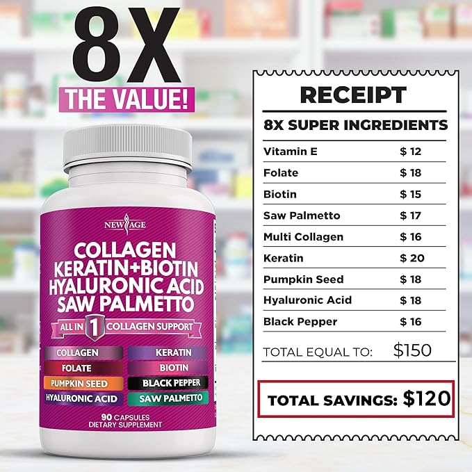 NEW AGE Collagen Pills Biotin Keratin Saw Palmetto Hyaluronic Acid - Vitamin E Folic Acid Pumpkin Seed MSM - 90 Count (Pack of 2)