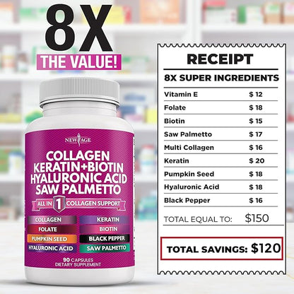 NEW AGE Collagen Pills Biotin Keratin Saw Palmetto Hyaluronic Acid - Vitamin E Folic Acid Pumpkin Seed MSM - 90 Count (Pack of 2)