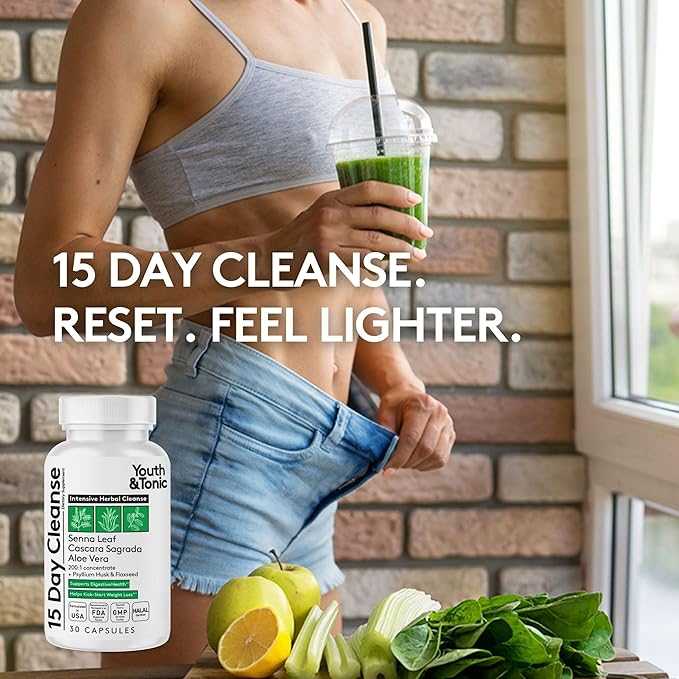 Youth & Tonic 15 Day Cleanse – Colon & Gut Cleanse Detox Reset for Plateaus, Belly Bloating & Regularity, Digestive Health – for Women & Men, 30 Pills