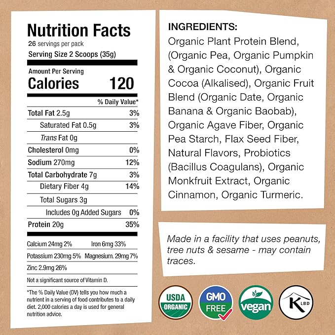 EarthChimp Organic Vegan Protein Powder - with Probiotics - Non GMO, Dairy Free, Non Whey, Plant Based Protein Powder for Women and Men, Gluten Free - 26 Servings 32 Oz (Chocolate) No Scoop