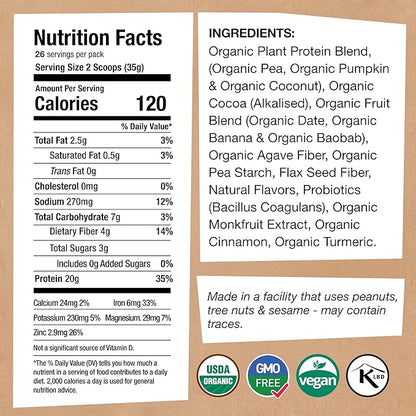 EarthChimp Organic Vegan Protein Powder - with Probiotics - Non GMO, Dairy Free, Non Whey, Plant Based Protein Powder for Women and Men, Gluten Free - 26 Servings 32 Oz (Chocolate) No Scoop