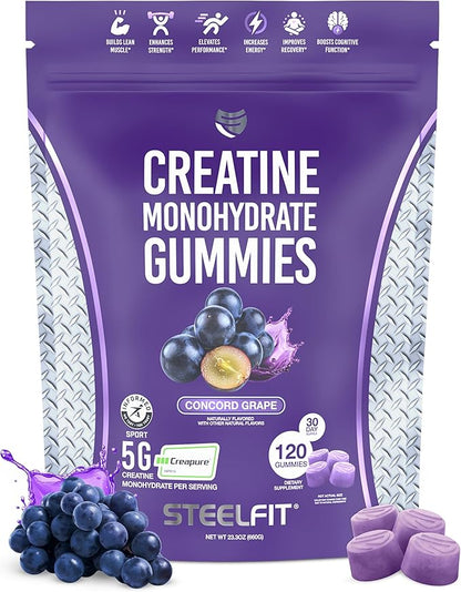 SteelFit Creapure Creatine Monohydrate Gummies for Men & Women, Concord Grape - Gym Workout Nutritional Supplements for Muscle Gain, Brain Health & Strength Building Dietary Supplement, 120 Gummies