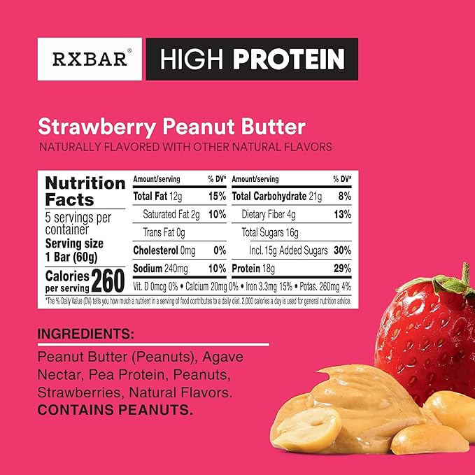 RXBAR High Protein Bars, Gluten Free, Protein Snacks, Strawberry Peanut Butter (6 Boxes, 30 Bars)