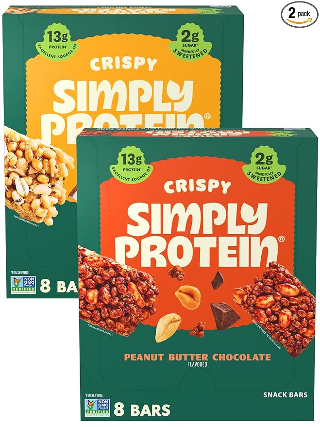 Simply Protein - Crispy Bars Variety Pack, Peanut Butter + Lemon Coconut - Plant Based Protein Bars - 13g Protein, 2g Sugar, 7g Fiber - Vegan, Gluten Free, Non GMO, Kosher - 16 Bars, 2 Boxes
