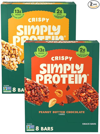 Simply Protein - Crispy Bars Variety Pack, Peanut Butter + Lemon Coconut - Plant Based Protein Bars - 13g Protein, 2g Sugar, 7g Fiber - Vegan, Gluten Free, Non GMO, Kosher - 16 Bars, 2 Boxes