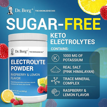 Dr. Berg Zero Sugar Hydration Keto Electrolyte Powder - Enhanced w/ 1000 mg of Potassium & Real Pink Himalayan Salt (NOT Table Salt) - Raspberry & Lemon Flavor Hydration Drink Supplement, 100 Servings