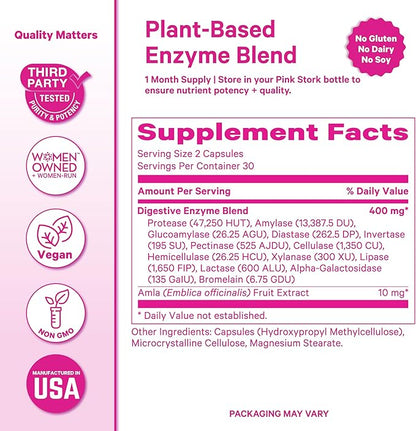 Pink Stork Digestive Enzymes for Women | Supports Digestion, Gut Health, Bloating Relief, Metabolism + Nutrient Absorption | GLP-1 Support | Vegan | 13 Enzymes + Amla Supplement | 60 Capsules