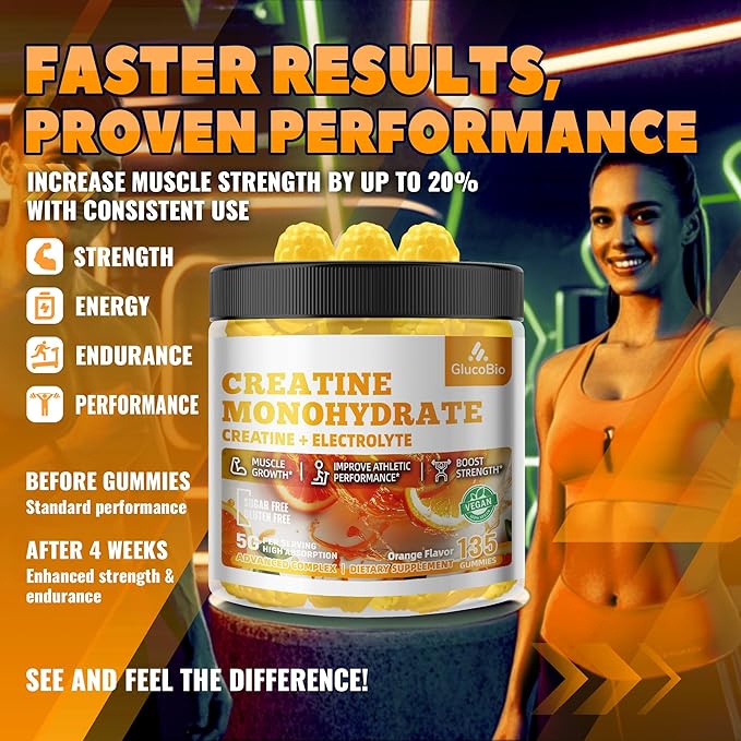 Creatine Monohydrate Gummies (5g) – Pre-Workout Energy & Muscle Growth Support for Men & Women | Orange Electrolyte Gummies (135 Count)