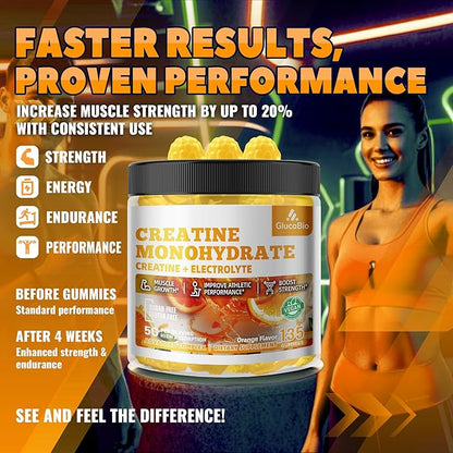 Creatine Monohydrate Gummies (5g) – Pre-Workout Energy & Muscle Growth Support for Men & Women | Orange Electrolyte Gummies (135 Count)