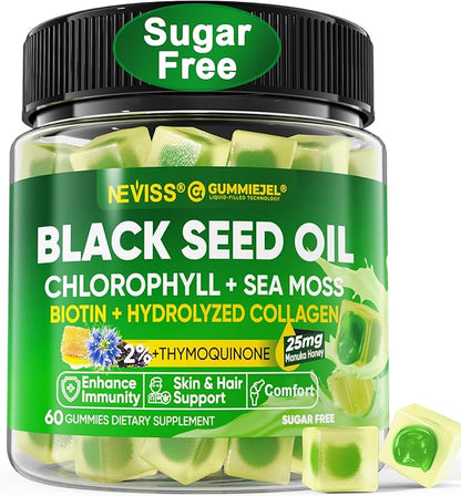 Black Seed Oil Gummies for Adults & Kids 9+, Chlorophyll & Sea Moss Supplement, Biotin with Hydrolyzed Collagen for Skin, Hair & Nails, Vit E, C, Zinc for Immune, Overall Health, Organic Cold Pressed
