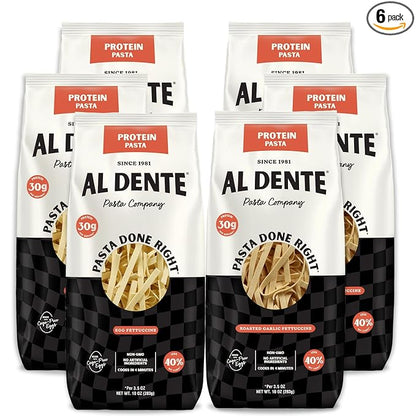 Al Dente Protein Pasta Egg & Roasted Garlic Fettuccine - 30g High Protein in 3.5oz Serving, Lower Carb. Cage-Free Eggs & Semolina. (Previously Carba-Nada, Packaging May Vary) - 10oz Bags (Pack of 6)