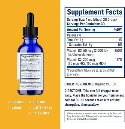 NativePath D3K2 Tincture – 2000IU Vitamin D3 and Vitamin K2 Supplement with Organic MCT Oil – 1 Fluid Ounce – Rapid Bioavailability Multi-Vitamin for Bone Strength and Total Body Wellness, 30 Servings