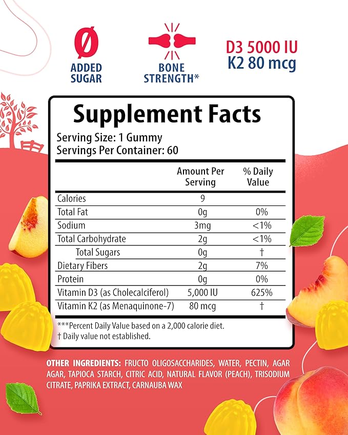 SUNNY SAM Sugar-Free Vitamin D3 K2 Gummies 5000 IU - Immune & Bone Support - Vitamin D Gummy Supplement for Adults - High-Absorption, Vegan, Halal, Gluten-Free Chewable Vitamins - 60 Count