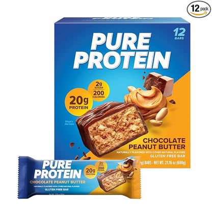 Pure Protein Chocolate Peanut Butter Protein Bars – 20g Protein, 3g Sugar, 190 Calories (12 count) Low Sugar* High Protein Snack - Gluten Free - Perfect for a Healthy Snack