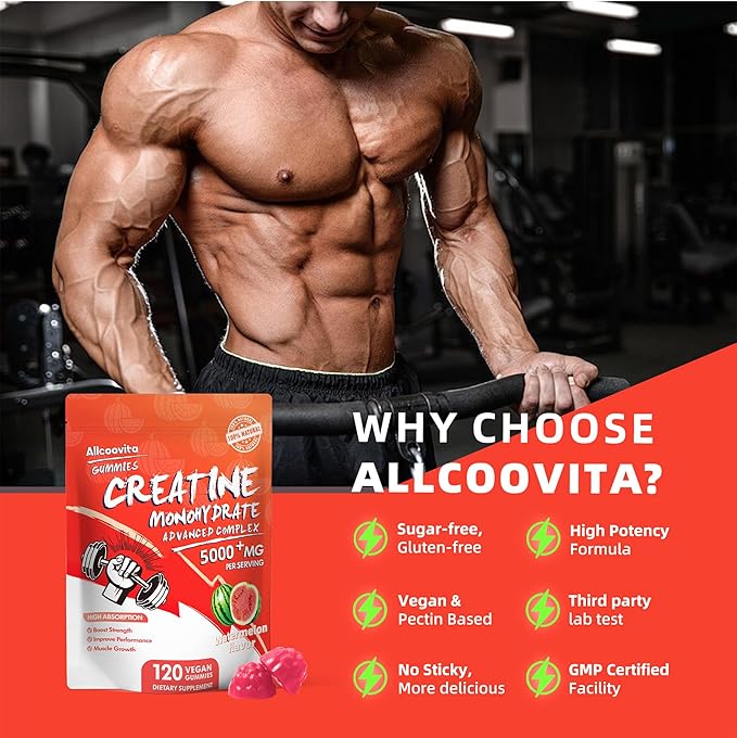 Creatine Monohydrate Gummies 5000mg for Men & Women -120 Gummies Advanced Formula, Muscle Strength, Muscle Builder, Energy Boost, Pre-Workout Supplement-Watermelon