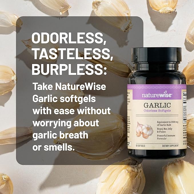 NatureWise Odorless Garlic Pills - with Royal Bee Jelly & Pollen - Herbal Supplement for Heart Health + Immune System + Antioxidants - Gluten Free, Non-GMO - 60 Softgels [2-Month Supply]