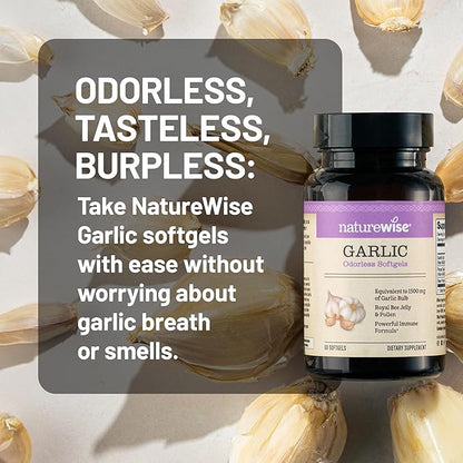 NatureWise Odorless Garlic Pills - with Royal Bee Jelly & Pollen - Herbal Supplement for Heart Health + Immune System + Antioxidants - Gluten Free, Non-GMO - 60 Softgels [2-Month Supply]
