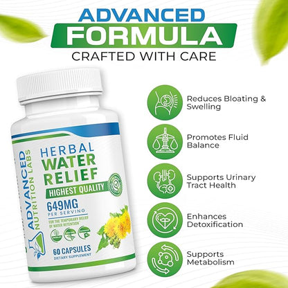 Herbal Water Relief Diuretic Water Pills for Water Retention, Bloating, Swollen Legs, Feet - Dandelion Extract Supplement - Water Retention Loss - Diuretics for Women & Men - 60 Capsules