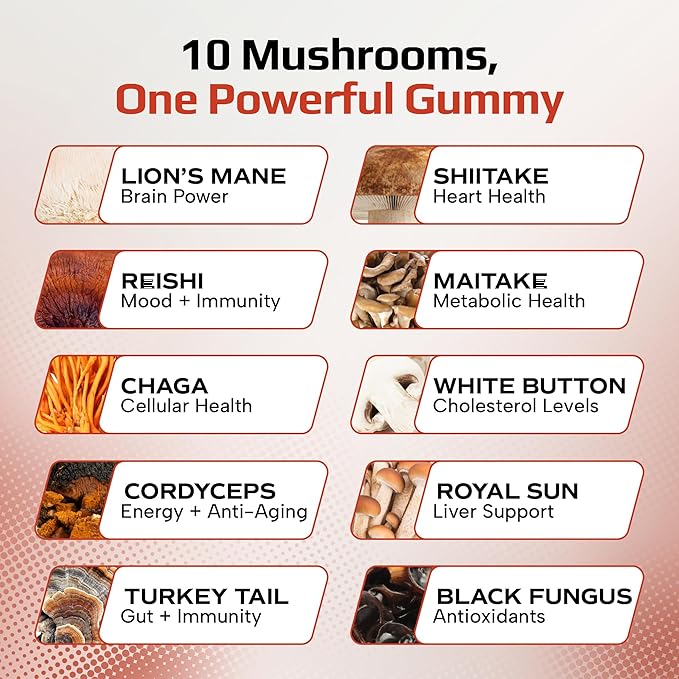 Effective Nutra Mushroom Gummies 2500mg - 10in1 Lion’s Mane, Reishi, Chaga, Cordyceps & More - Focus, Clarity, Memory, Immunity, Energy - Natural Raspberry Flavor, Vegan, Made in USA (2-Pack)