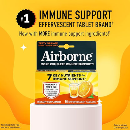 Airborne Immune Support Effervescent Tablets, Zesty Orange Flavor - 10ct with 1000mg Vitamin C + Vitamins A, D, E, Zinc, Selenium, Manganese & Herbal Blend - Sugar‑Free, Gluten‑Free
