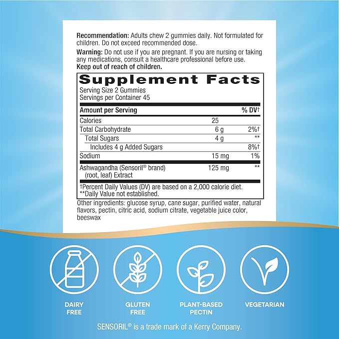 Nature's Way Ashwagandha Gummies, Reduce Stress with Adaptogenic Herb*, 125 mg Per 2-gummy Serving, Berry Flavored, 90 Gummies (Packaging May Vary)