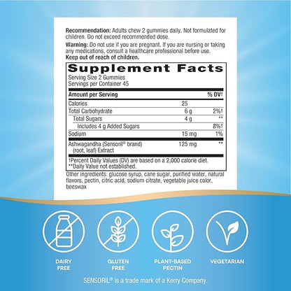 Nature's Way Ashwagandha Gummies, Reduce Stress with Adaptogenic Herb*, 125 mg Per 2-gummy Serving, Berry Flavored, 90 Gummies (Packaging May Vary)