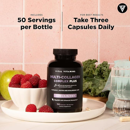 Vital Vitamins Multi Collagen Capsules with Biotin, Hyaluronic Acid, Vitamin C - Type I, II, III, V, X Peptides - Collagen Supplements for Men & Women - Hair, Skin, Nails Beauty Complex - 150 Count