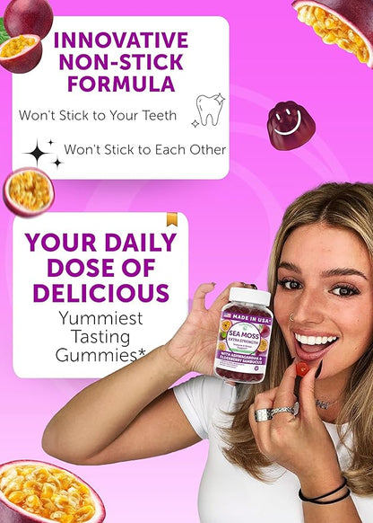 Lunakai USA Made Irish Sea Moss Gummies with Ashwagandha & Elderberry – Delicious Daily Immune & Stress Support Supplement for Men & Women, 60ct