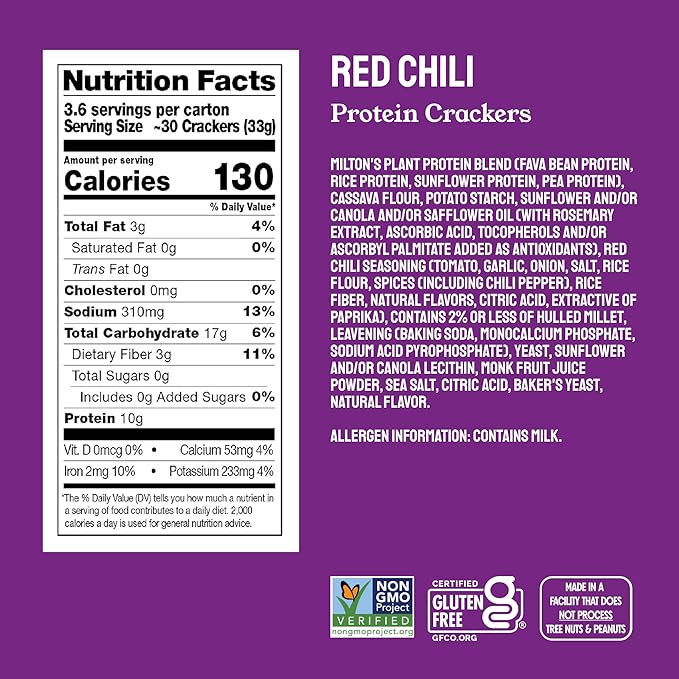 Milton's CRAFT BAKERS Protein Crackers Variety Bundle (Crispy Sea Salt & Red Chili) - 10G Of Plant-Based Protein Per Serving, Certified Gluten Free, Non-Gmo Project Verified, Vegetarian-Friendly, Zero Grams Added Sugar Per Serving, 4.25 Oz, Pack Of 4