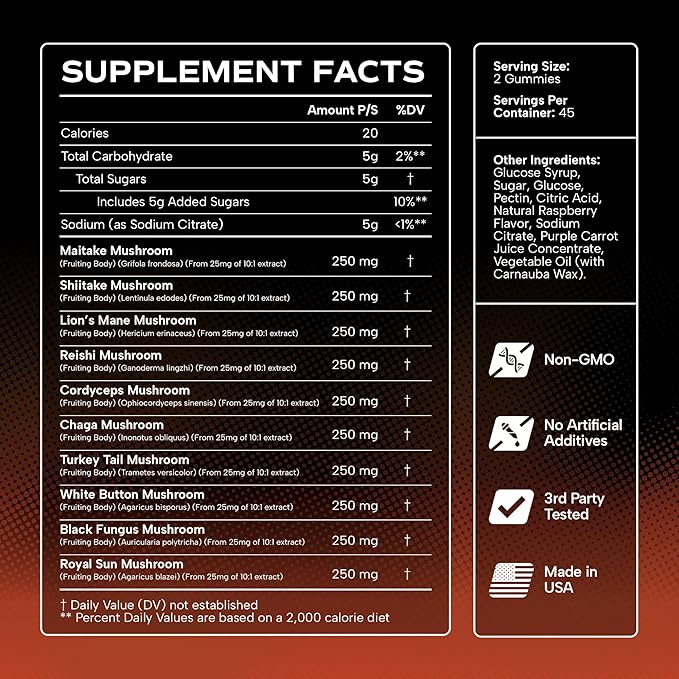 Effective Nutra Mushroom Gummies 2500mg - 10in1 Lion’s Mane, Reishi, Chaga, Cordyceps & More - Focus, Clarity, Memory, Immunity, Energy - Natural Raspberry Flavor, Vegan, Made in USA (90 Count)