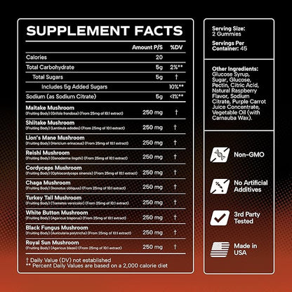 Effective Nutra Mushroom Gummies 2500mg - 10in1 Lion’s Mane, Reishi, Chaga, Cordyceps & More - Focus, Clarity, Memory, Immunity, Energy - Natural Raspberry Flavor, Vegan, Made in USA (90 Count)