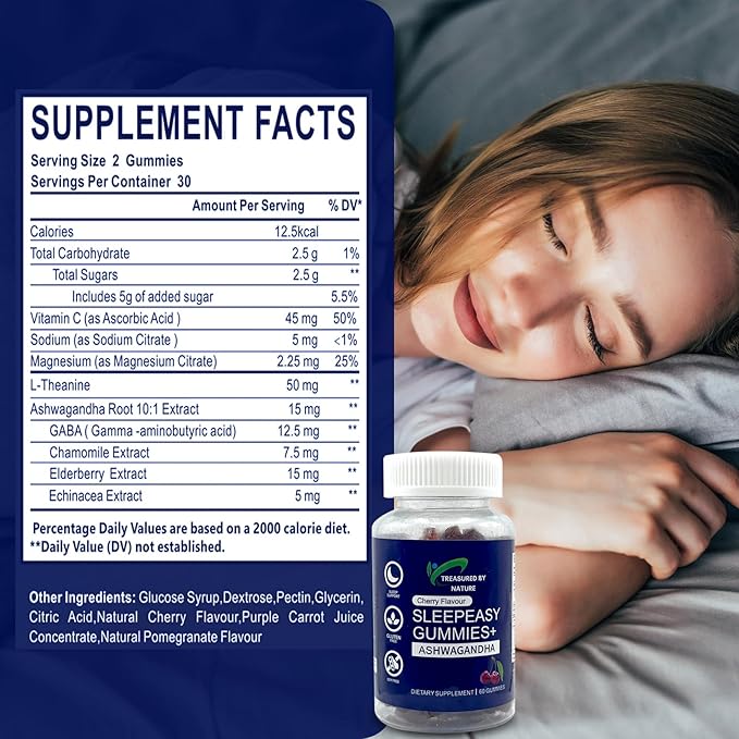 Sleep Easy Gummies Melatonin Free Nighttime Relaxation Aid with Ashwagandha, Magnesium Citrate & L-Theanine Calming Stress Relief Supplement | Gluten-Free | Non-Habit Forming