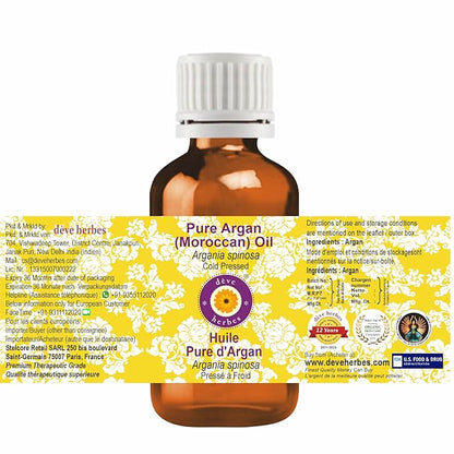 Deve Herbes Argan (Moroccan) Oil (Argania spinosa) | Cold Pressed | Pure | Natural | For Diluting Essential oils | For Hair, Skin & Massage | Non-Sticky | Lightweight | Unisex | 50ml (1.69 oz)