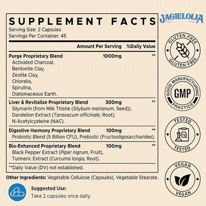 All-In-One Detox Binder Supplement 1500 MG - High Bioavailability, Liver Gut Detox Cleanse with Activated Charcoal, Zeolite & Bentonite Clay for Toxins, Liver, Digestive, 360 Vegan Capsules