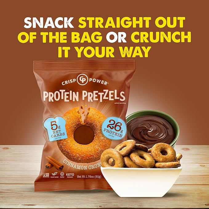 CRISP POWER Protein Pretzels, NEW Cinnamon Crunch, 26G Protein, High Protein Snack, High Fiber, Low Carb Crunchy Pretzel Snacks, No Added Sugar, 1.75 oz Bags, 24 Pack, Vegan, Keto