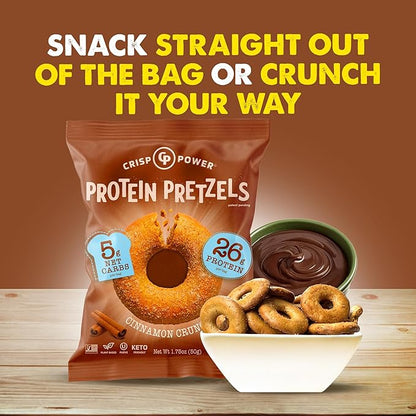 CRISP POWER Protein Pretzels, NEW Cinnamon Crunch, 26G Protein, High Protein Snack, High Fiber, Low Carb Crunchy Pretzel Snacks, No Added Sugar, 1.75 oz Bags, 6 Pack, Vegan, Keto