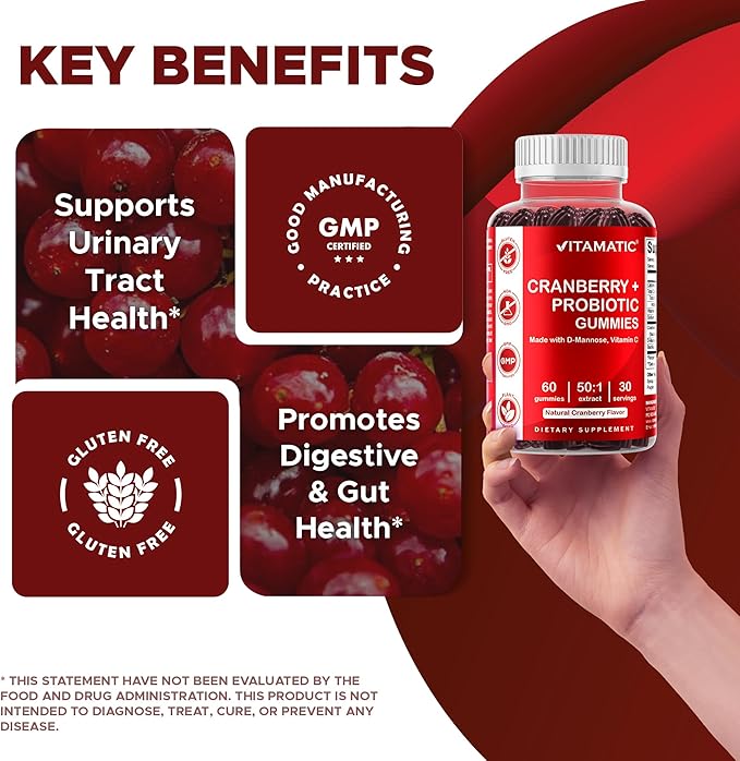 Vitamatic Cranberry Gummies with D-Mannose, Probiotics, Vitamin C – Plant-Based Botanical Extract – Vegan, Non-GMO – 60 Count