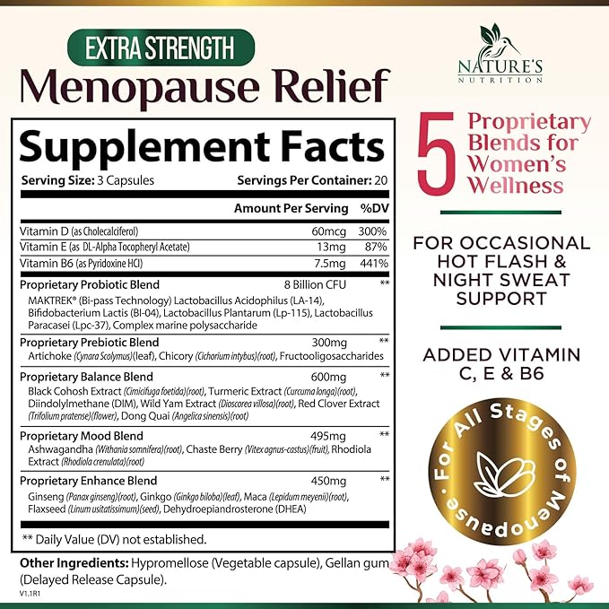 Menopause Supplement for Women - Natural Menopause Relief Support for Mild Hot Flashes & Night Sweats - Best Probiotics for Women, Dong Quai, Black Cohosh, Ashwagandha - Bottled in USA - 60 Capsules