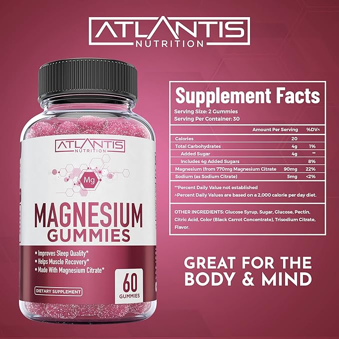 Atlantis Nutrition Magnesium Citrate Gummies – Magnesium Gummies – 90mg Magnesium (from 770mg Magnesium Citrate) | Supports Muscle Recovery, Eases Cramps, Promotes Calmness & Better Sleep | 60 Gummies