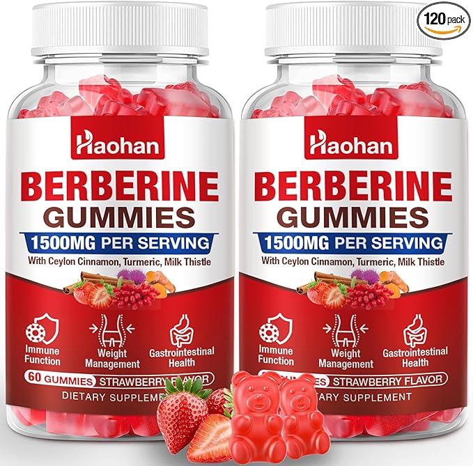 Haohan Berberine Gummies, 1500mg High Potency Berberine HCl, Ceylon Cinnamon, Milk Thistle, Immune System & Metabolism Support, Vegan, Strawberry Flavor, 120 Count