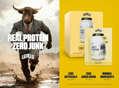 Levels Grass Fed Whey Protein Powder, No Artificials, 24G of Protein, Vanilla Bean, 12 Count